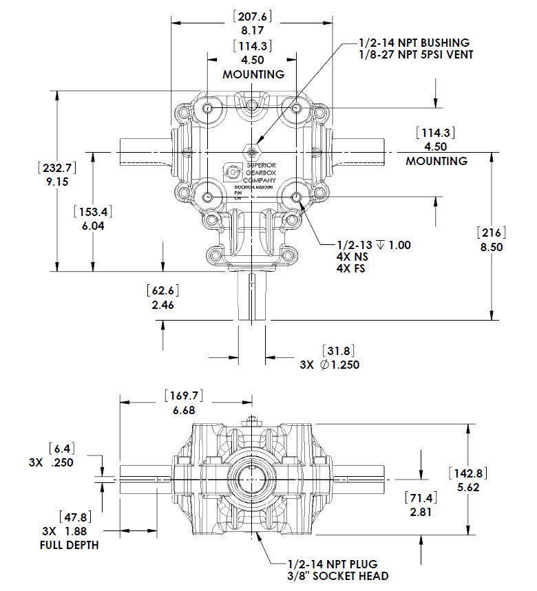 R400 Right Angle Bevel Gearbox Technical Drawing